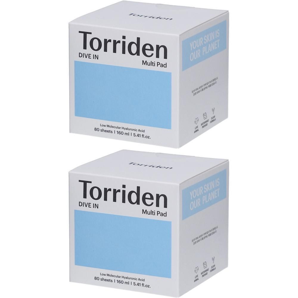 Deux boîtes carrées blanches. Inscription : Torriden, DIVE IN, Multi Pad. Zone bleue. Texte : 80 sheets | 160 ml | 5.41 fl.oz. Inscription : YOUR SKIN IS OUR PLANET.
