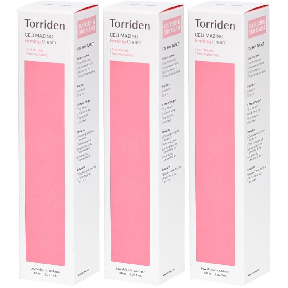 Trois boîtes blanches avec un centre rose. Inscription : Torriden CELLMAZING Firming Cream. Texte : Low Molecular Collagen. 60 ml / 2.02 fl.oz.