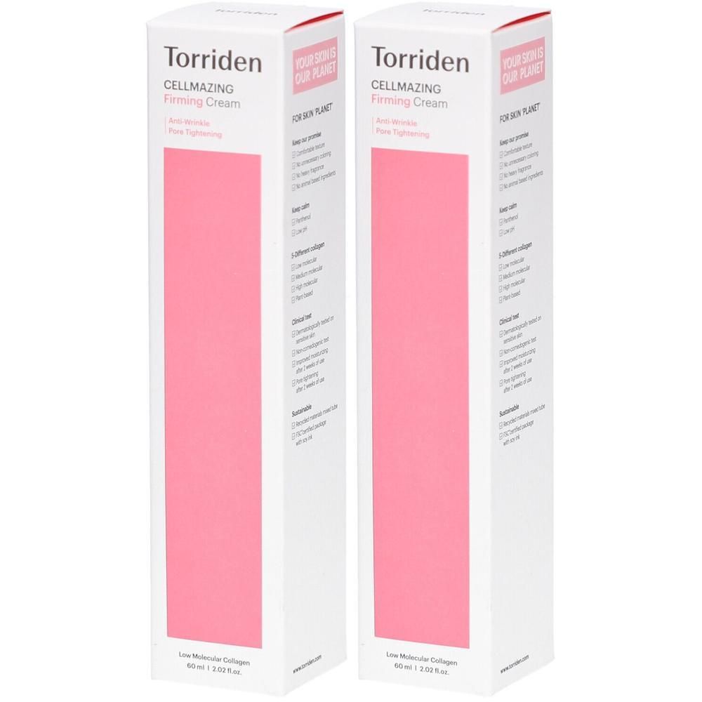 Deux boîtes blanches avec rectangle rose. Inscription: Torriden, CELLMAZING Firming Cream. Texte: Anti-rides, raffermissement. En bas: Low Molecular Collagen.