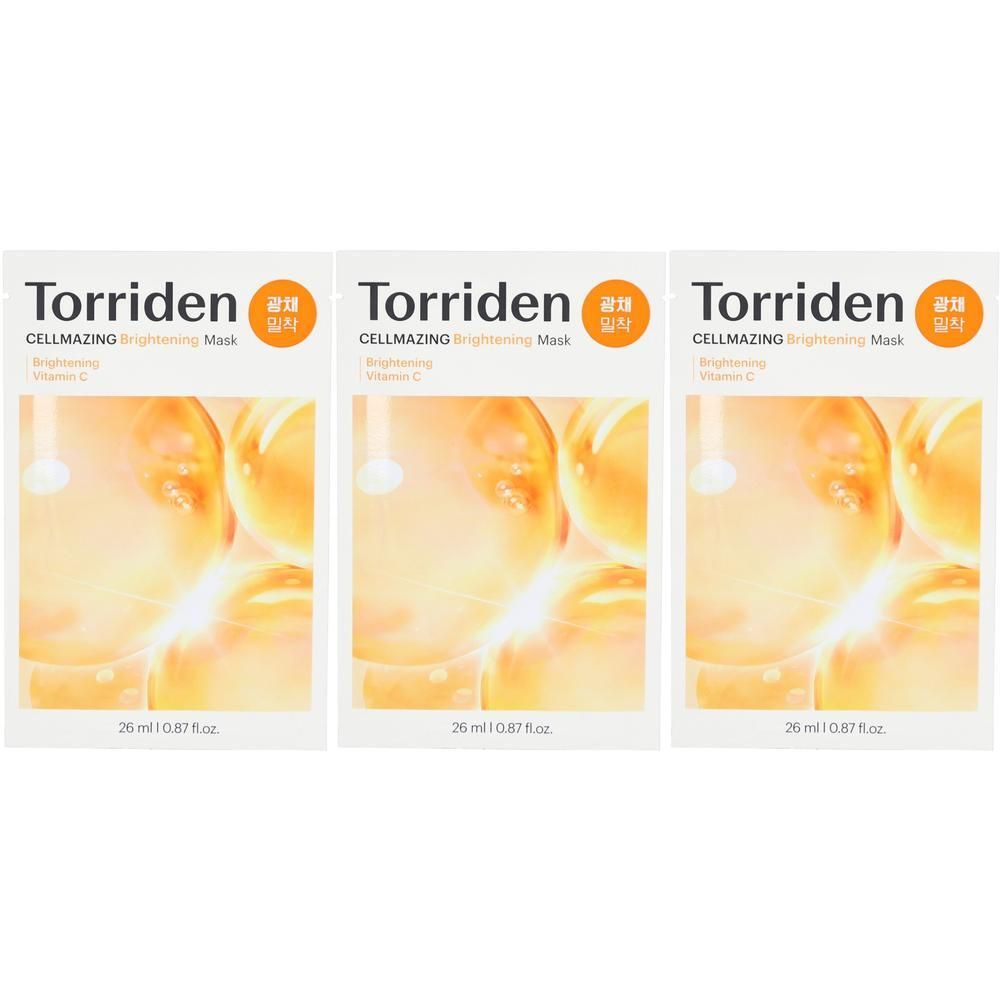 Trois paquets carrés de masques. Inscription : Torriden, CELLMAZING Brightening Mask, Vitamine C. 26 ml/0,87 fl.oz. Fond avec des sphères jaunes.