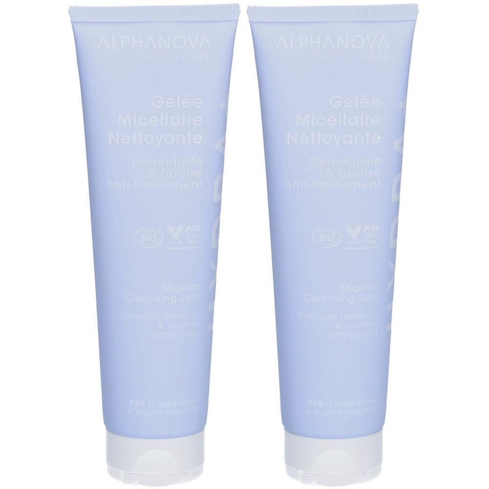 Deux tubes bleu clair. Inscription: ALPHANOVA, Gelée Micellaire Nettoyante. Labels vegan.