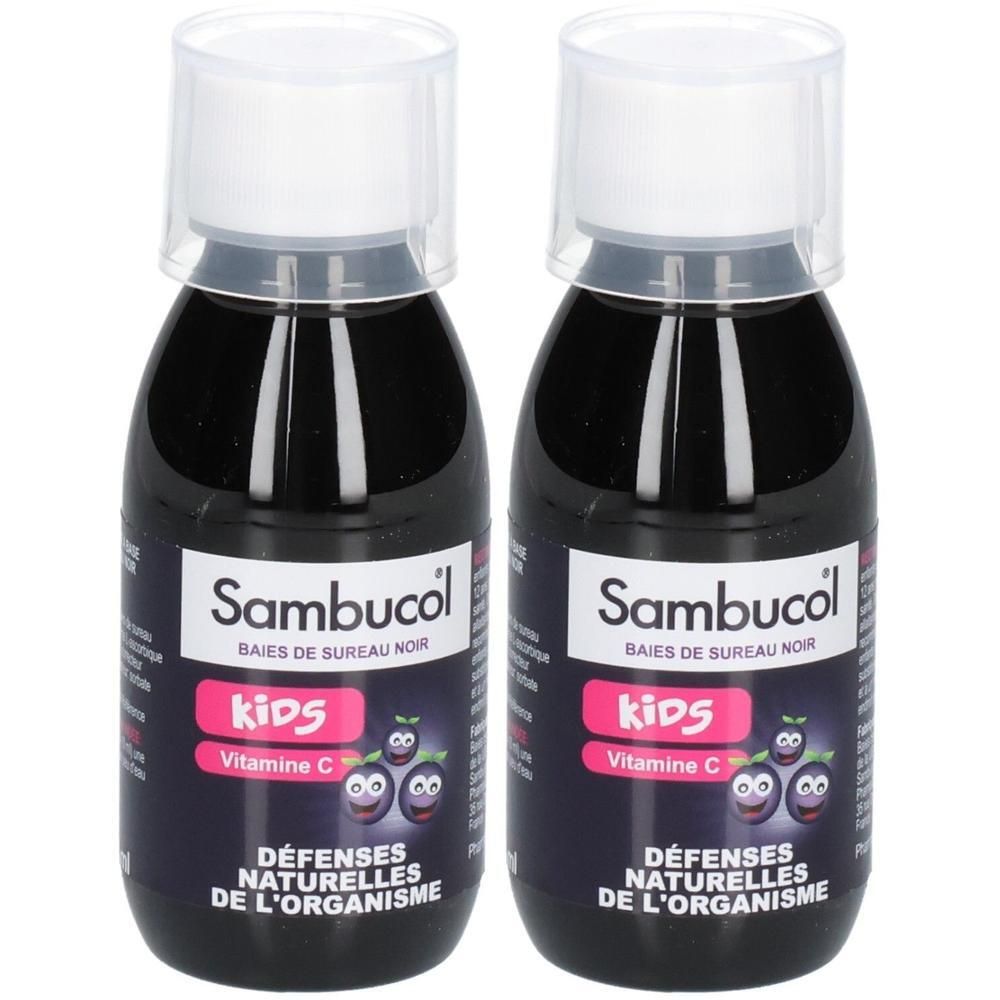 Deux flacons de Sambucol Kids au sirop de sureau noir et vitamine C.