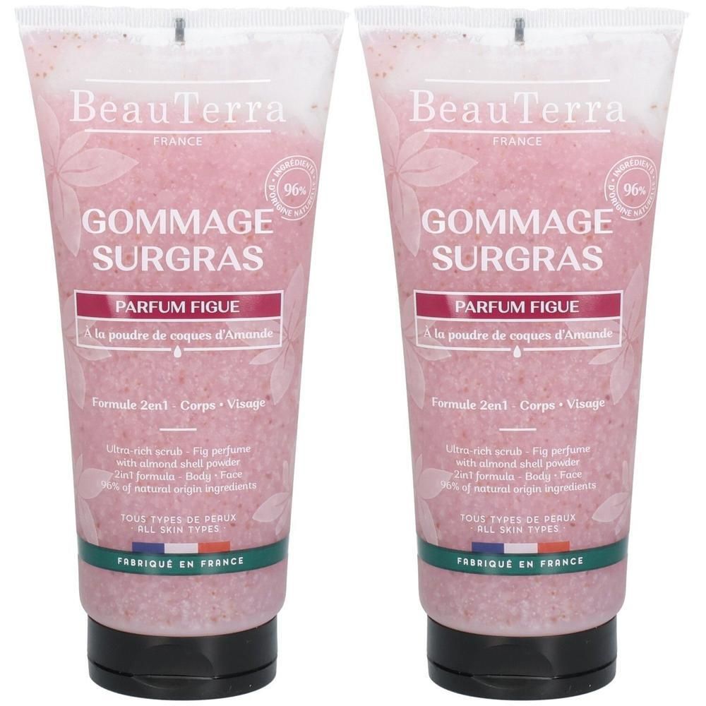 Deux tubes de gommage rose. Inscriptions: BeauTerra, Gommage Surgras, Parfum Figue. Contient 96% d'ingrédients d'origine naturelle.