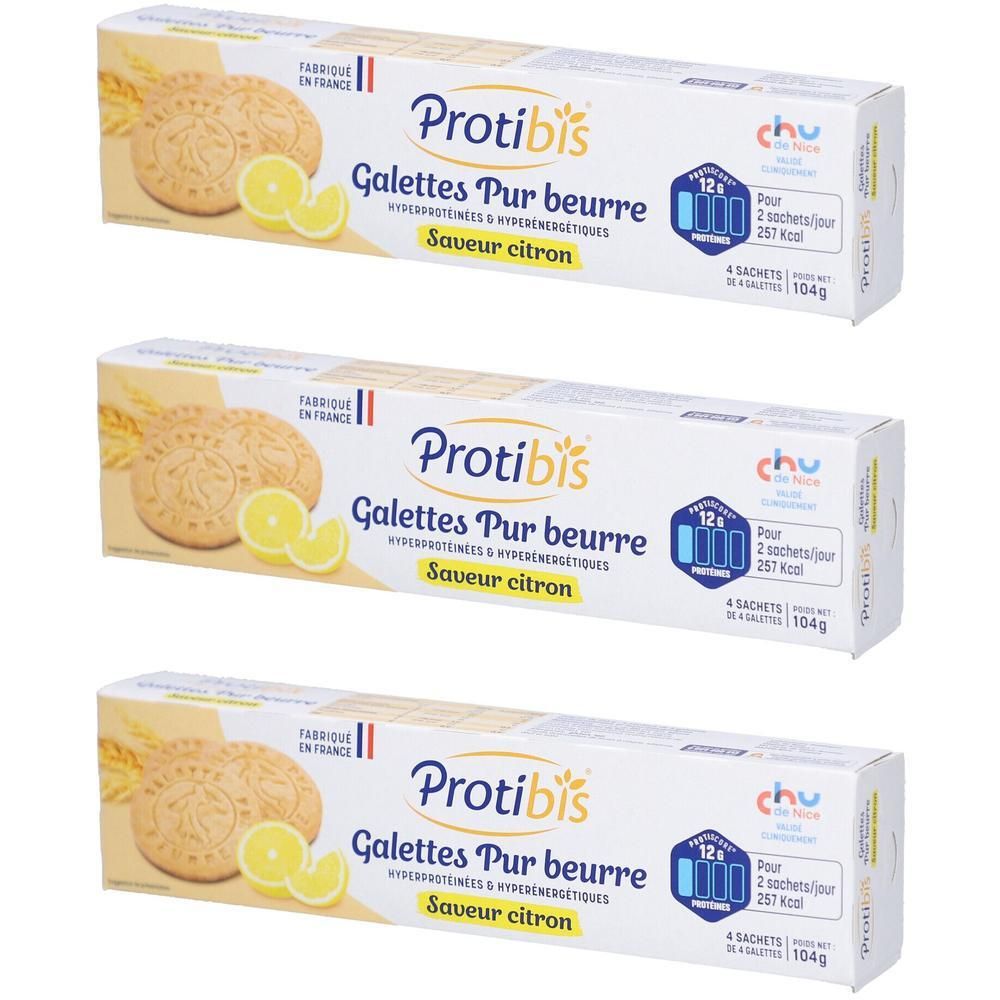 Trois paquets de Protibis Galettes Pur Beurre saveur citron. Chaque paquet contient 4 sachets.