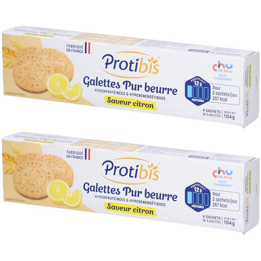 Deux paquets de Protibis Galettes Pur Beurre, saveur citron. Hyperprotéinées et hyperénergétiques.