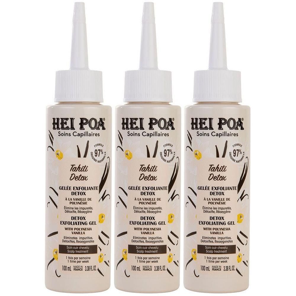 Trois flacons avec bouchon blanc et étiquette. Inscription: HEI POA, Tahiti Detox, Gel exfoliant. 97% d'ingrédients naturels.