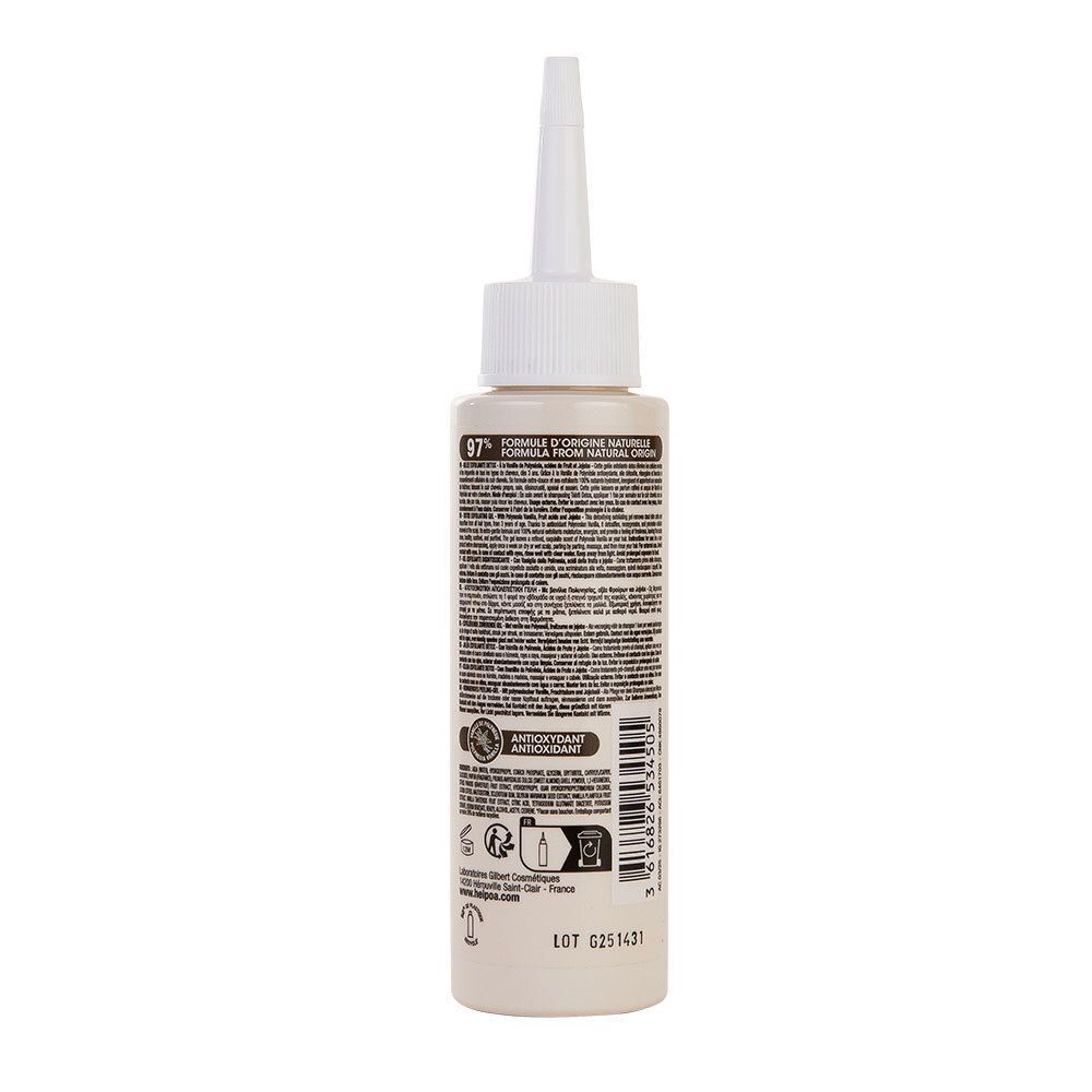 Flacon avec bouchon blanc et étiquette. Inscription: HEI POA, Tahiti Detox, Gel exfoliant. Verso avec texte et logos.