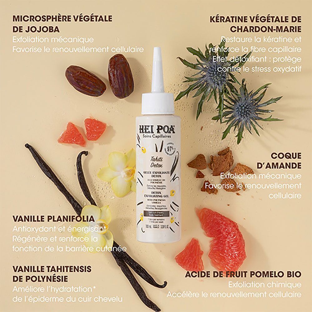 Flacon avec ingrédients: microsphère de jojoba, dattes, vanille, pamplemousse, amande, chardon-marie, etc. Texte en français.