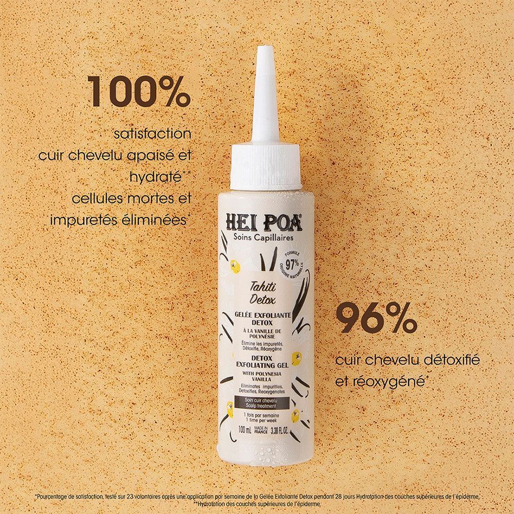Flacon avec texte. Inscription: HEI POA, Tahiti Detox, Gel exfoliant. Texte sur les résultats: 100% satisfaction, 96% détoxifié.