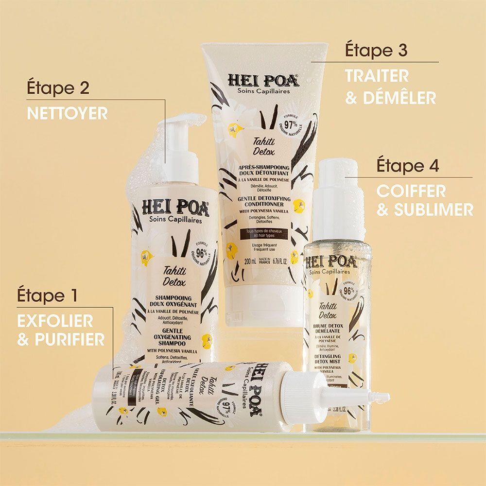 Gamme de produits: flacons et tube. Inscription: HEI POA, Tahiti Detox. Étapes: Exfolier, Nettoyer, Traiter, Coiffer.