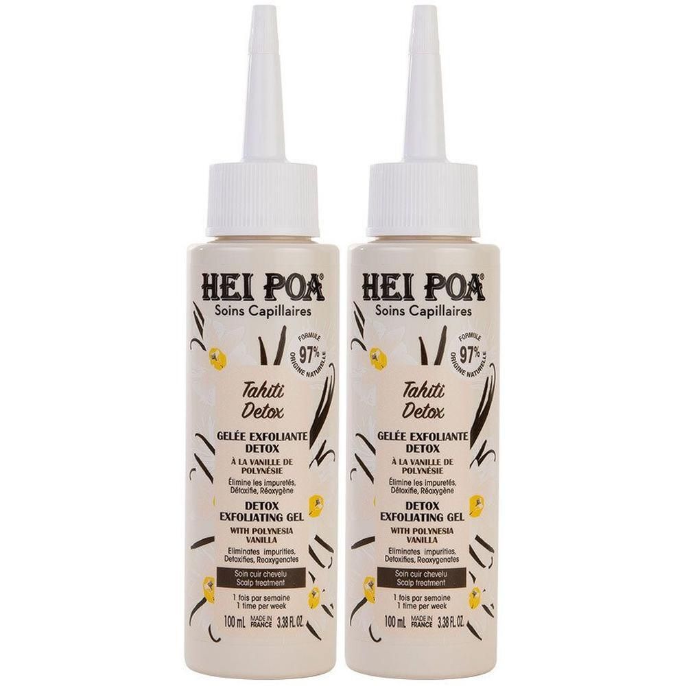 Deux flacons de HEI POA Tahiti Detox Gelée Exfoliante Detox. Flacons blancs avec applicateur blanc. Inscriptions et illustrations.
