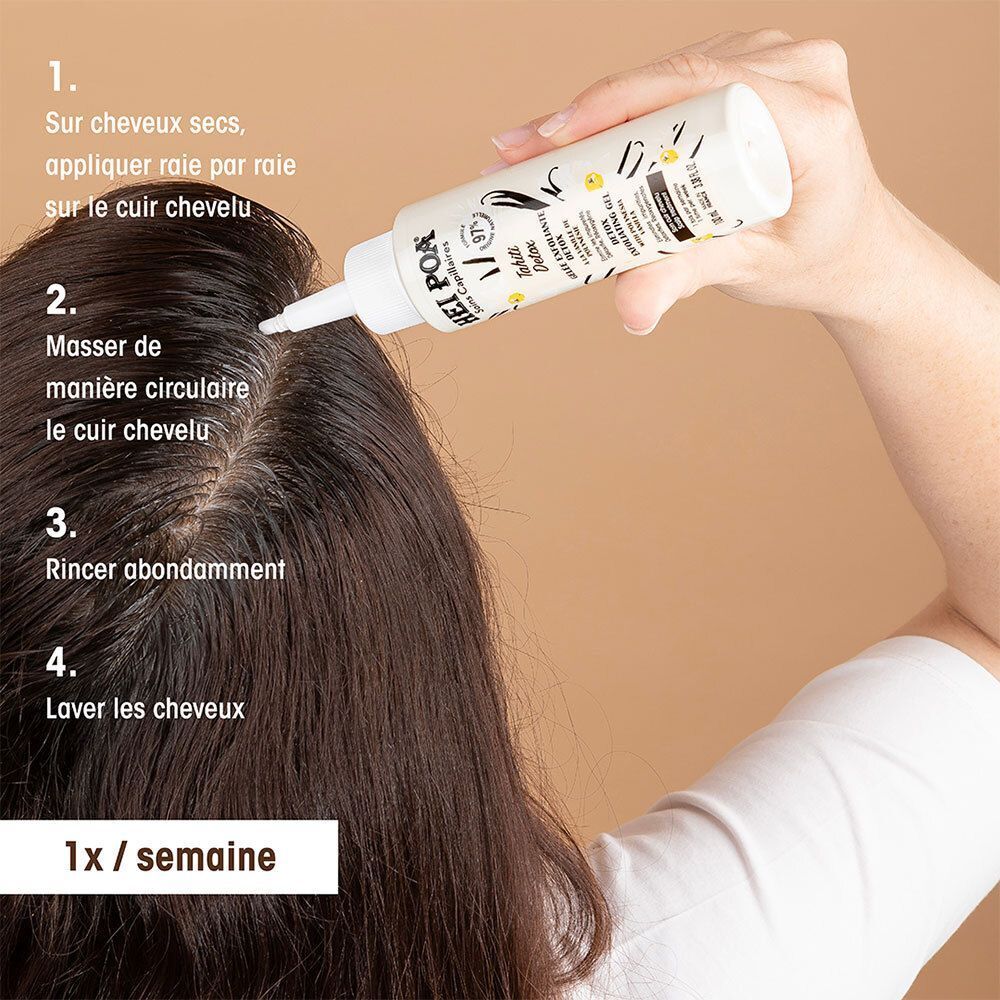 Application de HEI POA Tahiti Detox Gelée Exfoliante Detox. Flacon appliqué sur le cuir chevelu. Instructions.