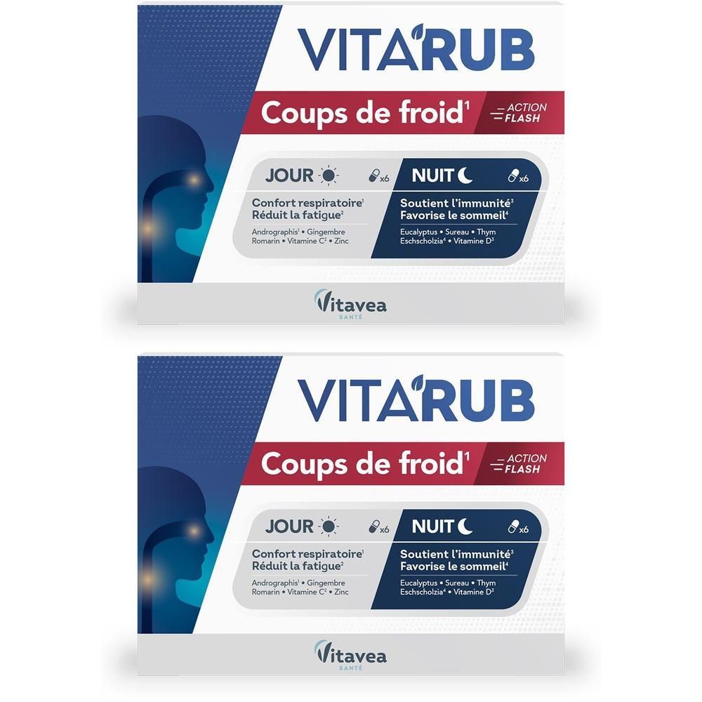 Deux boîtes de VITARUB. Inscription: Coups de froid. Formule jour et nuit. Contient des informations sur les ingrédients et les effets.
