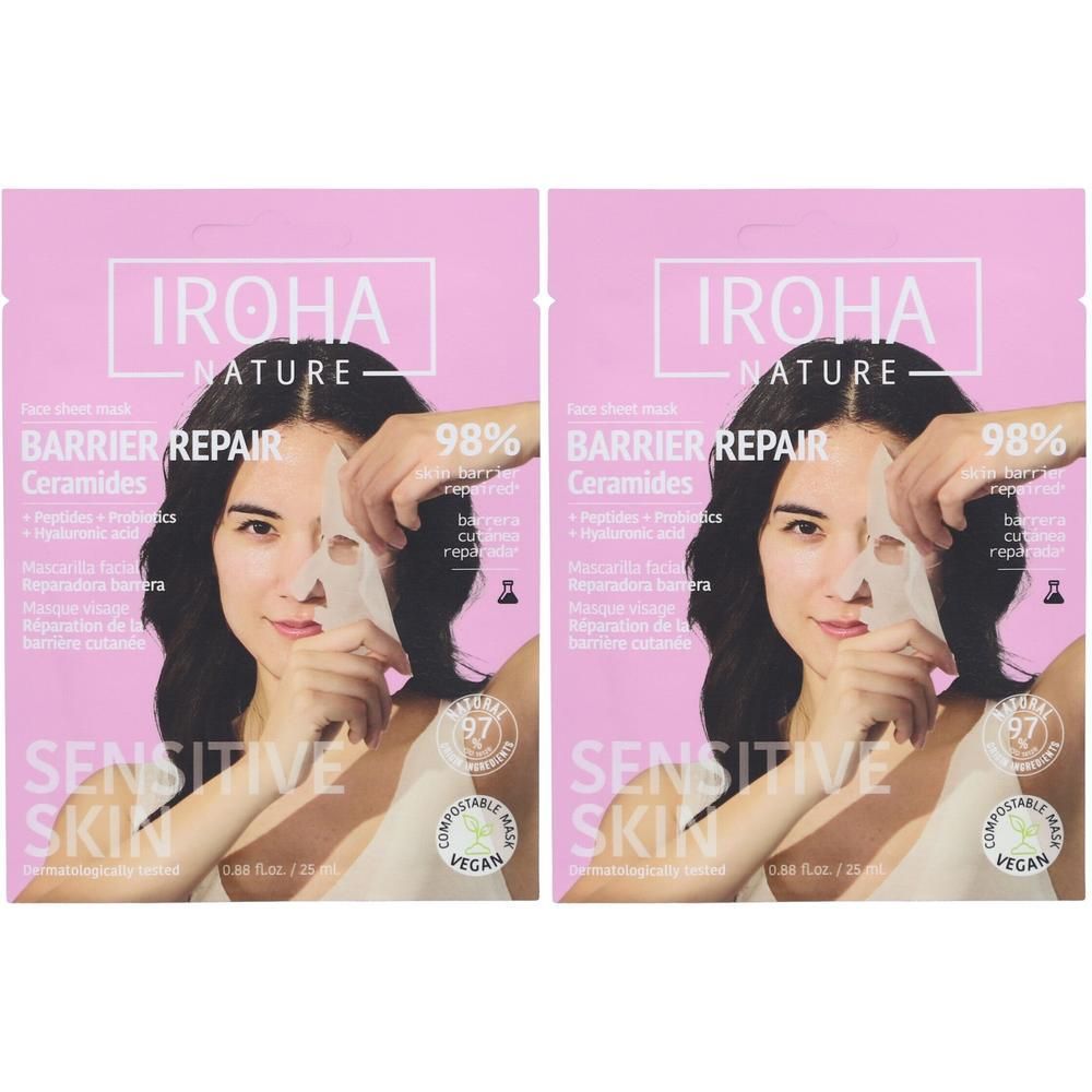 Deux paquets de IROHA MASQ TISSU PROBIOTIQUE. Emballage rose avec informations produit et femme tenant un masque. Vegan.