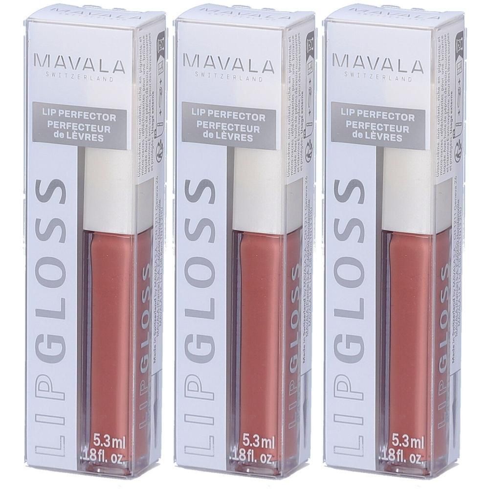 Trois boîtes de gloss. Chaque emballage affiche la marque MAVALA, le mot "Lipgloss" et "Lip Perfector de Lèvres".