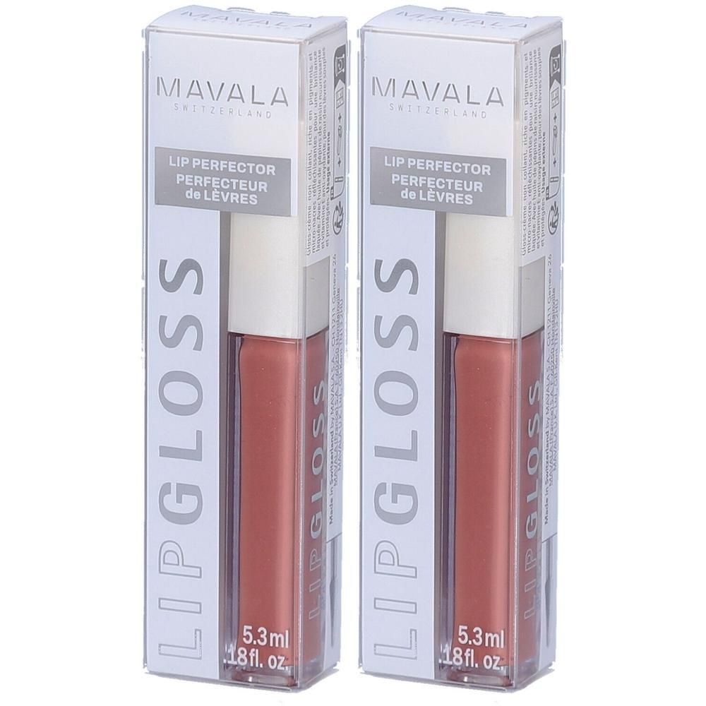 Deux tubes de gloss dans un emballage en carton. Inscription : MAVALA, LIP GLOSS, LIP PERFECTOR. Contenu : 5,3 ml.