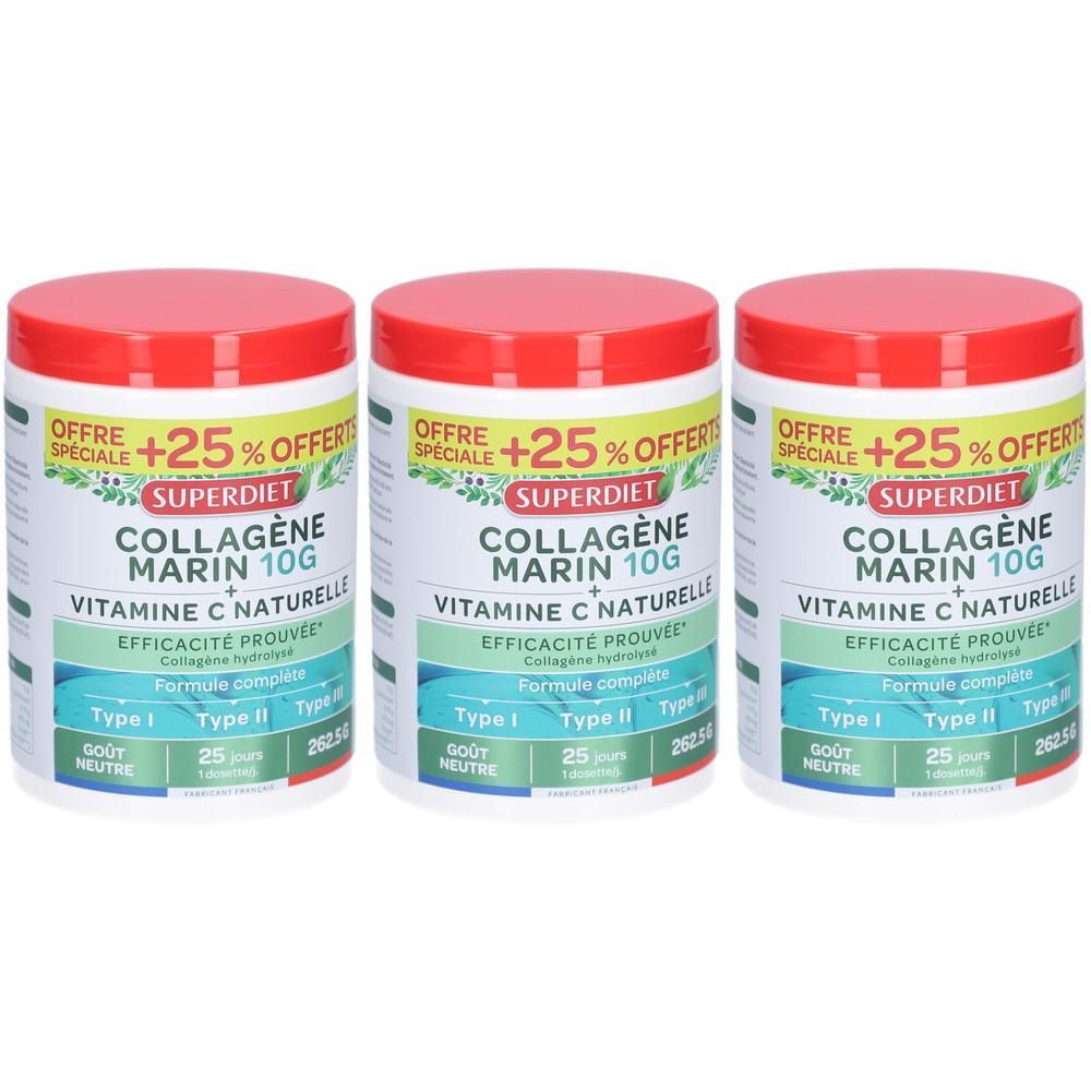 Trois pots de Superdiet Collagène Marin 10g à la Vitamine C. Couvercles rouges, pots blancs avec étiquettes vertes et bleues.