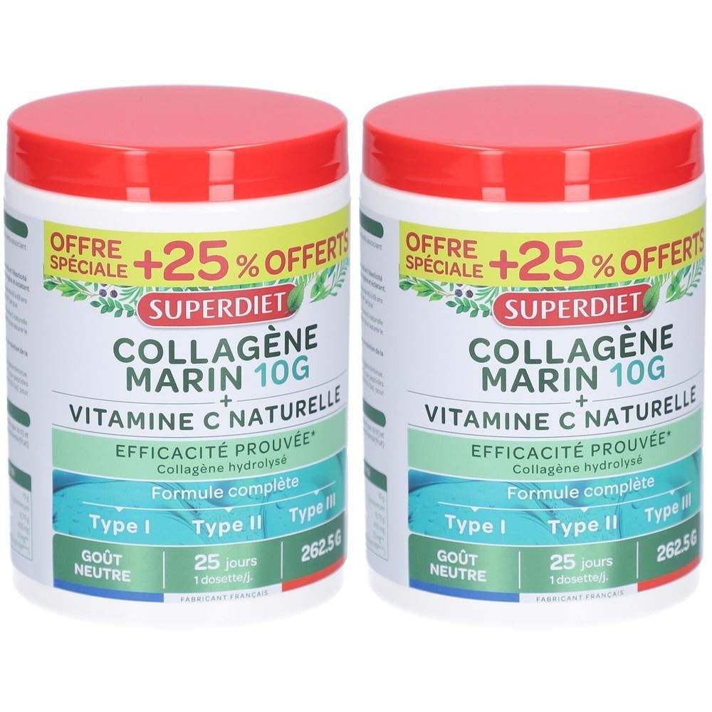 Deux pots Superdiet Collagène Marin 10g Vitamine C Naturelle. Couvercles rouges, pots blancs avec étiquetage vert et bleu.