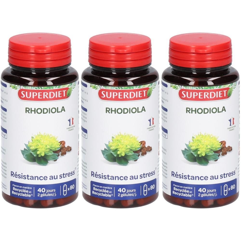 Trois flacons Superdiet Rhodiola à bouchon rouge. Chaque flacon contient 80 gélules pour 40 jours.