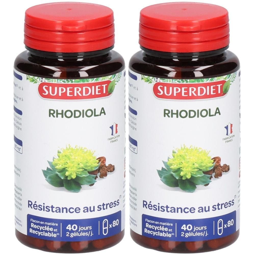 Deux flacons de Superdiet Rhodiola gélules avec bouchons rouges. Étiquetage en français.