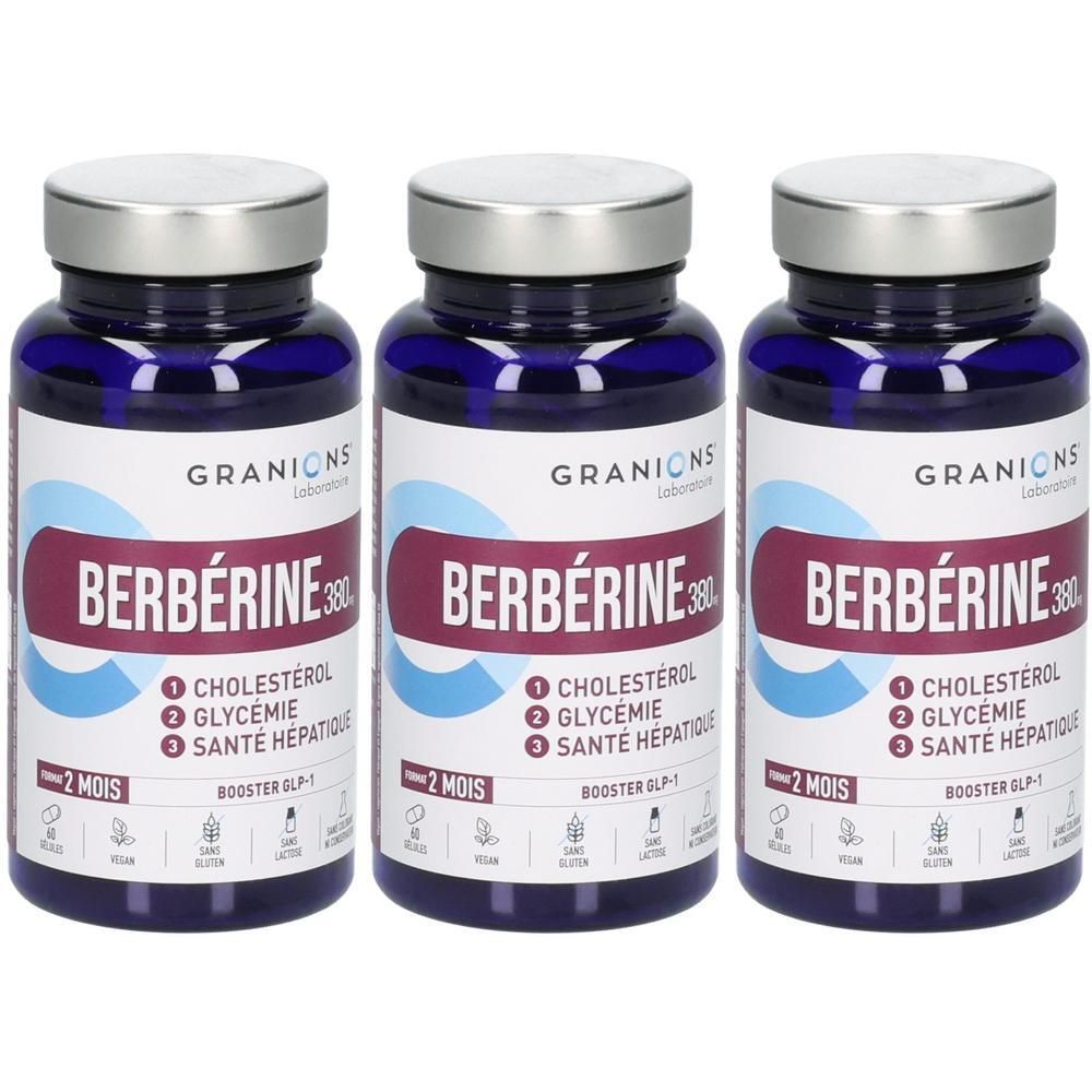 Trois flacons de Granions Berbérine 380mg, complément alimentaire pour le cholestérol, la glycémie et la santé hépatique.