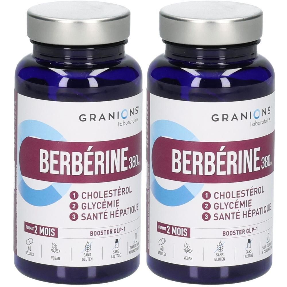 Deux flacons de Granions Berbérine 380 mg, vegan, sans gluten ni lactose, pour 2 mois.