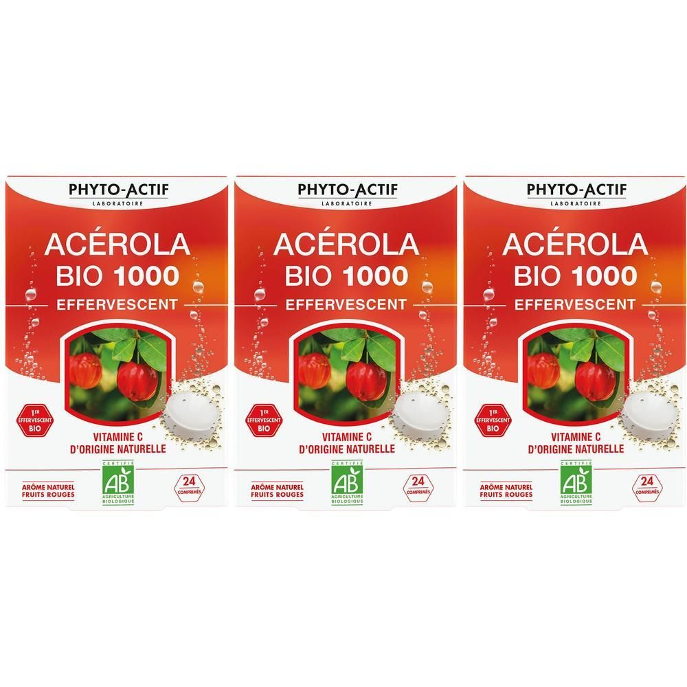 Trois boîtes rouges. Inscription: ACEROLA BIO 1000, vitamine C. Certification bio. 24 comprimés effervescents.