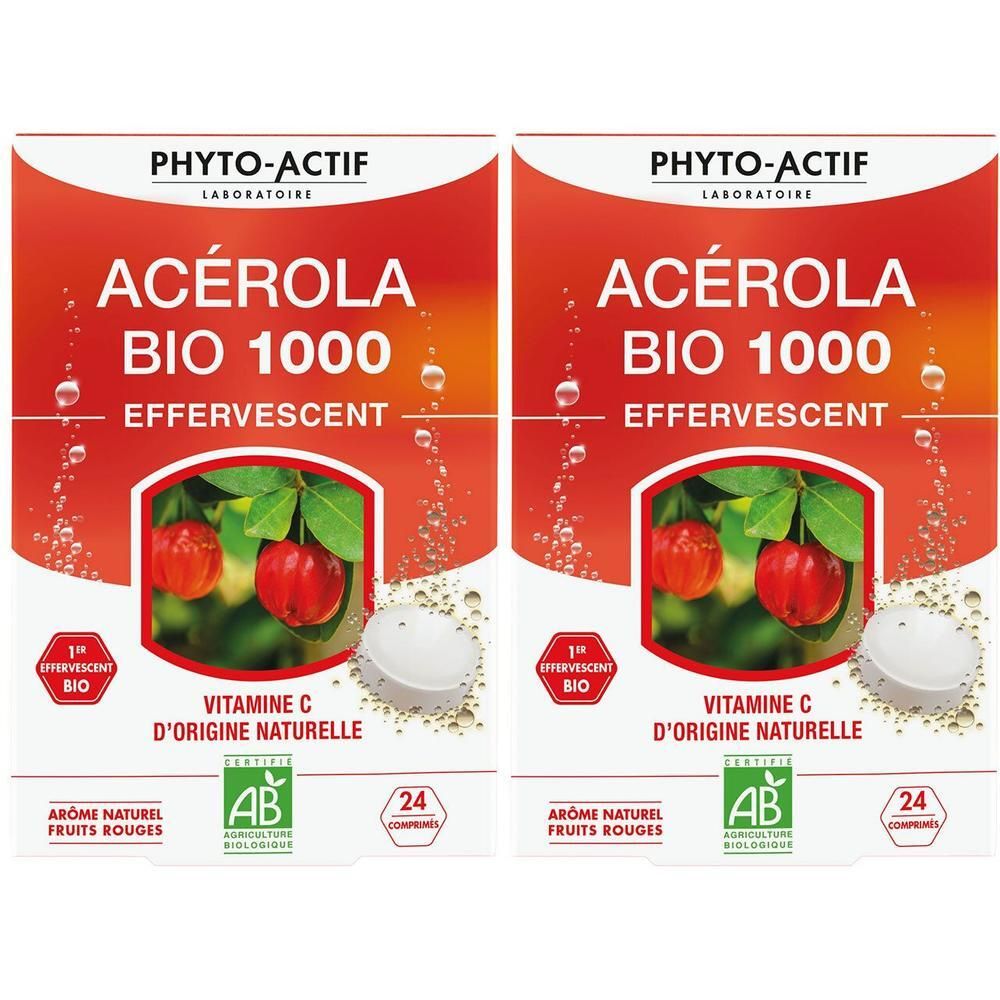 Deux boîtes rouges. Inscription: ACEROLA BIO 1000, Vitamine C. Contient 24 comprimés effervescents. Label bio.