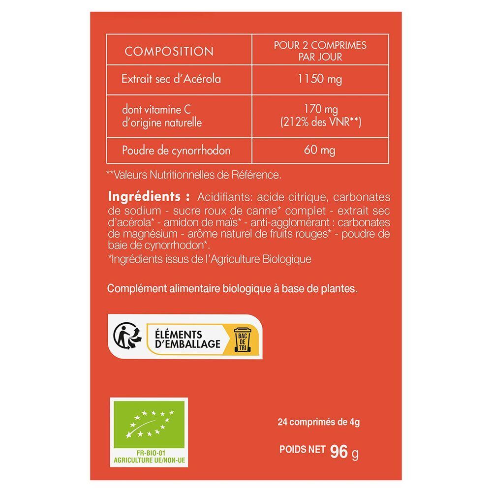 Emballage rouge avec informations nutritionnelles. Contient 24 comprimés. Certification bio. Texte en français.