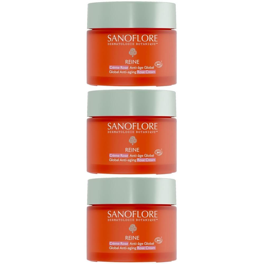 Trois pots avec couvercles. Inscription: SANOFLORE, REINE, Crème Rose, Anti-âge Global. Couvercles vert-blanc, pots orange.