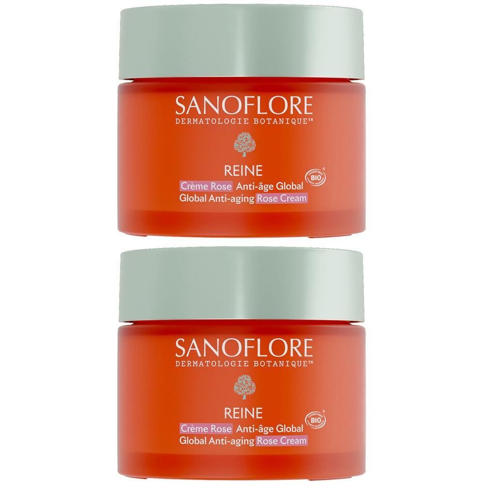 Deux pots de crème, verre orange, couvercle vert clair. Inscription: SANOFLORE, REINE, Crème Rose Anti-âge Global.