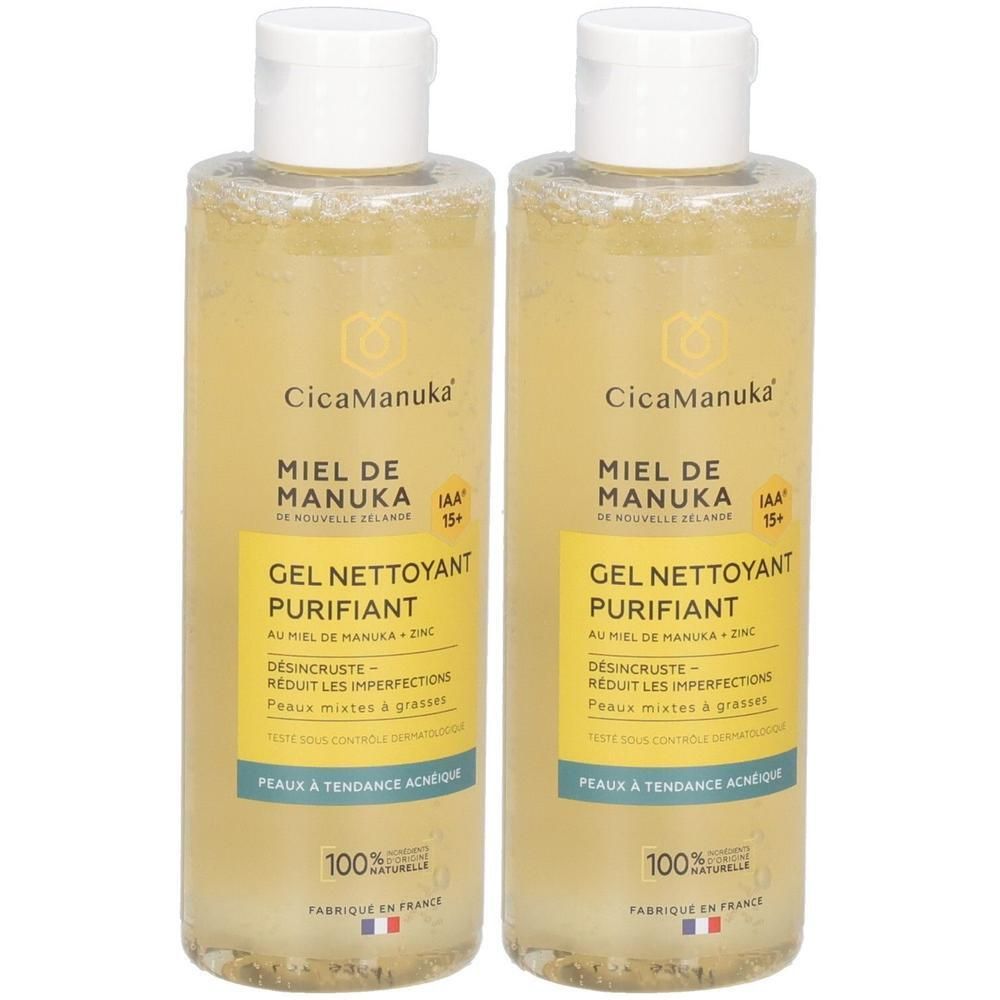 Deux flacons de CicaManuka Gel Nettoyant Purifiant au miel de Manuka et zinc. Pour peaux à tendance acnéique.