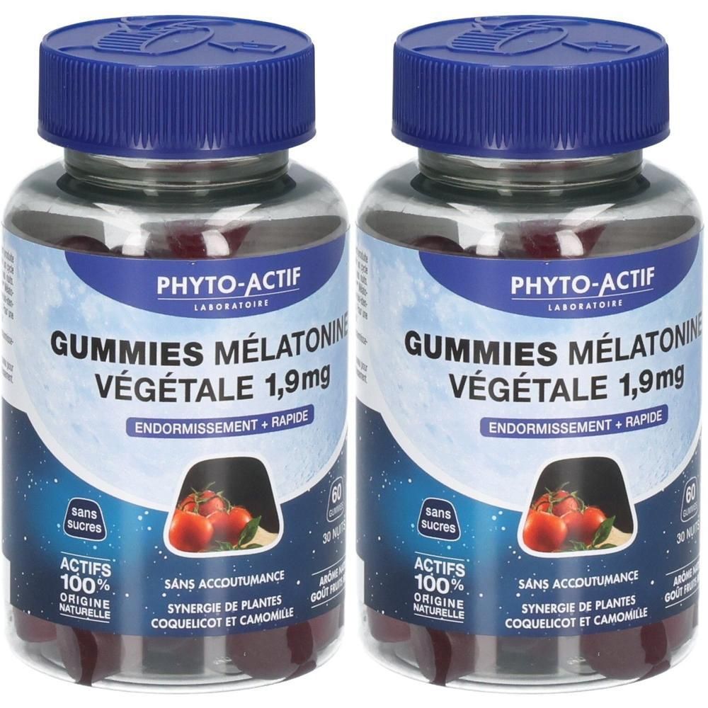 Deux flacons avec bouchons bleus. Inscription "GUMMIES MÉLATONINE VÉGÉTALE 1,9mg" sur chaque flacon. Marque "PHYTO-ACTIF".
