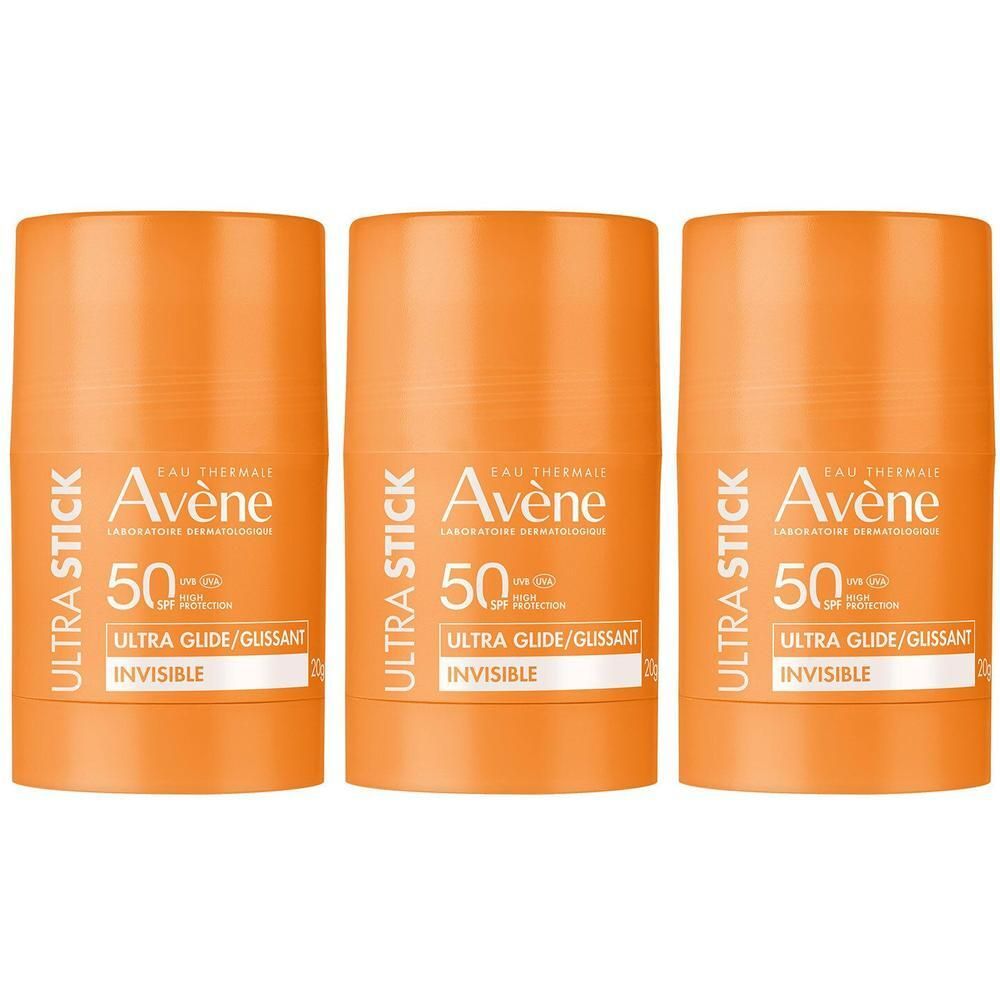 Trois bâtons orange. Chaque bâton porte l'inscription "Avène Ultra Stick 50" et "Invisible".