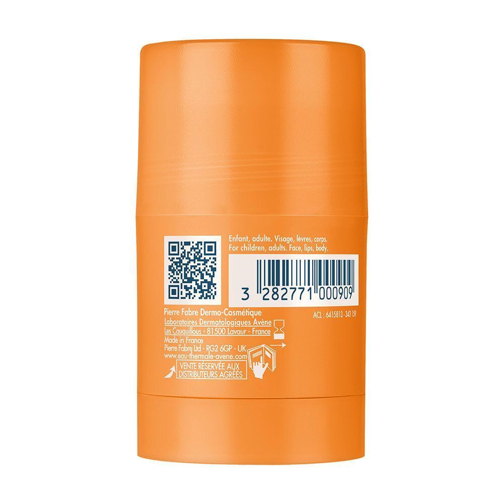 Dos d'un stick solaire orange. Code-barres et texte. Texte: Avene. Pour enfants, adultes, visage, lèvres, corps.