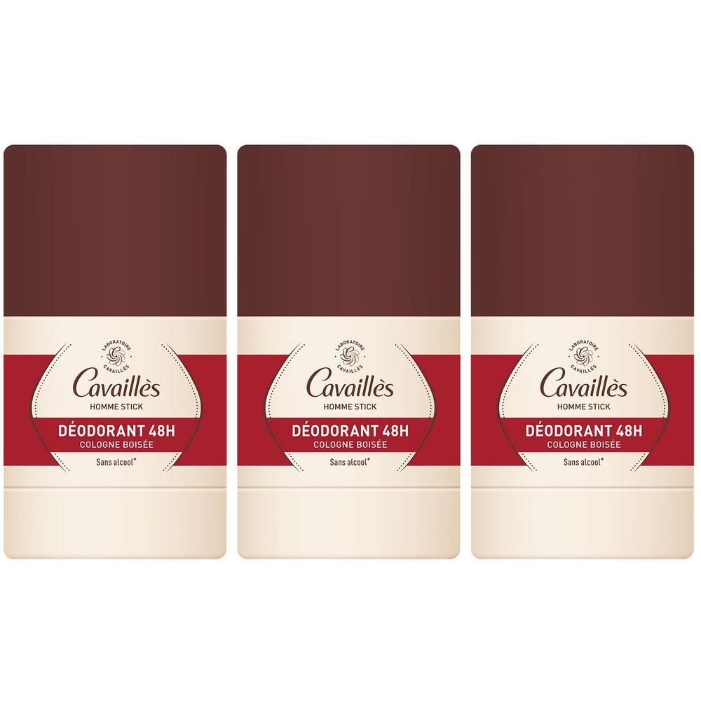 Trois sticks déodorants. Base crème, couvercle marron. Inscription: Cavaillès, Homme Stick, Déodorant 48H, Cologne Boisée.