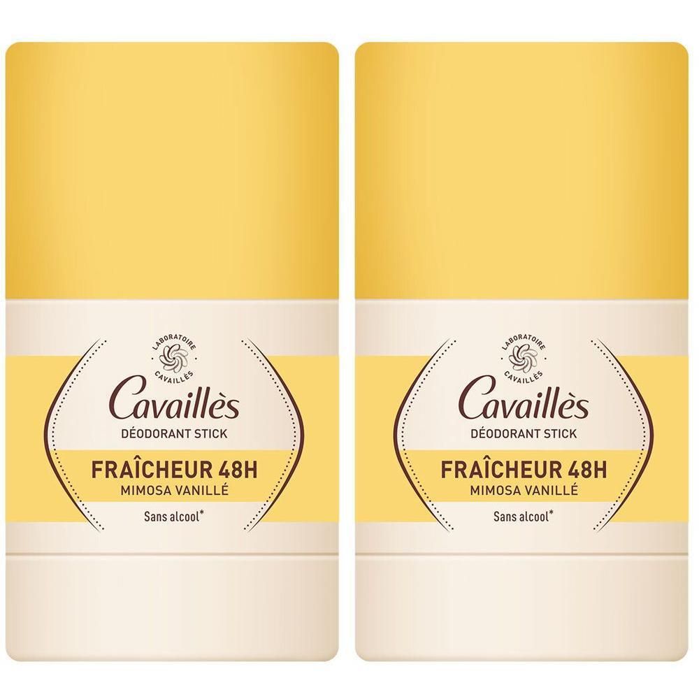 Deux sticks déodorants. Emballage jaune. Inscriptions: Cavaillès, Fraîcheur 48H, Mimosa Vanille, sans alcool.