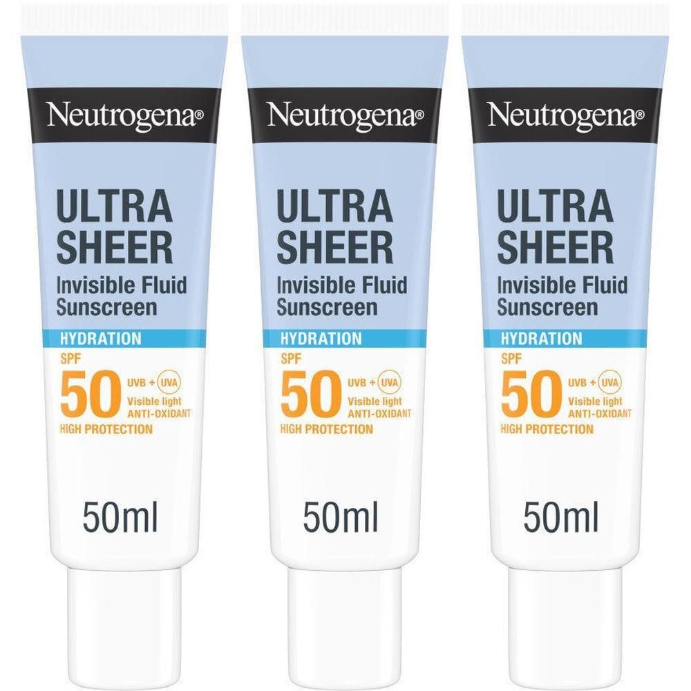 Trois tubes de Neutrogena Ultra Sheer Invisible Fluid SPF 50. Emballage bleu et blanc, nom du produit et SPF 50 clairement visibles.