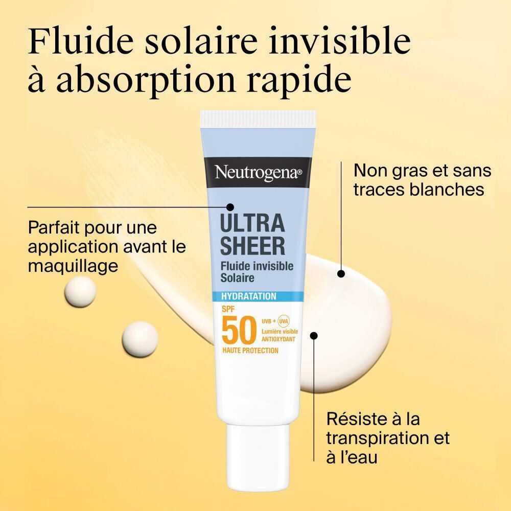 Neutrogena Ultra Sheer Invisible Fluid SPF 50. Produit et texte sur fond jaune. Absorption rapide.