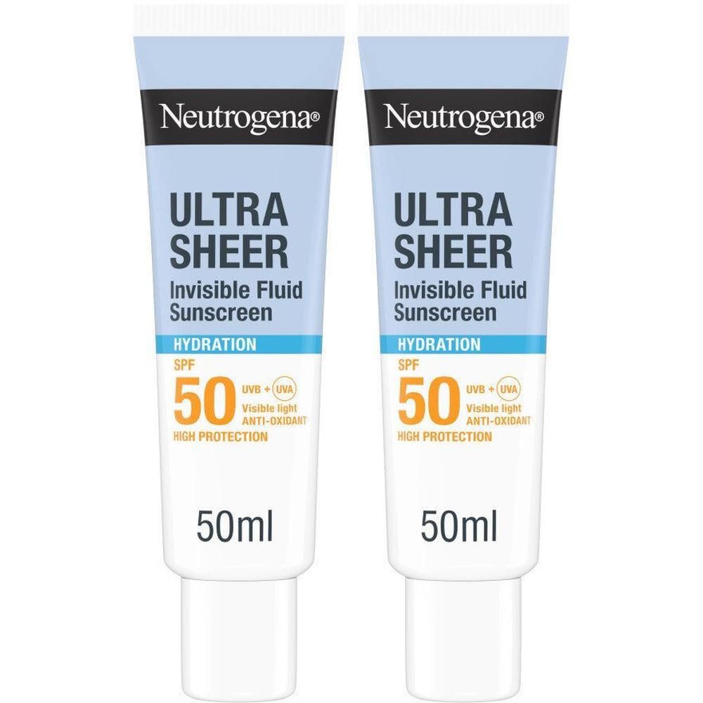 Deux tubes de Neutrogena Ultra Sheer Invisible Fluid Sunscreen SPF50. Tubes blancs avec bouchon bleu et impression.