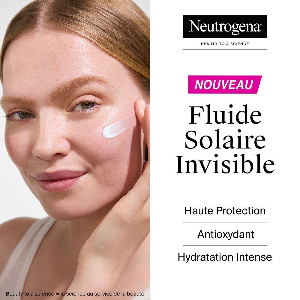 Femme appliquant un écran solaire. Logo Neutrogena et nom du produit. Texte : Fluide solaire invisible.