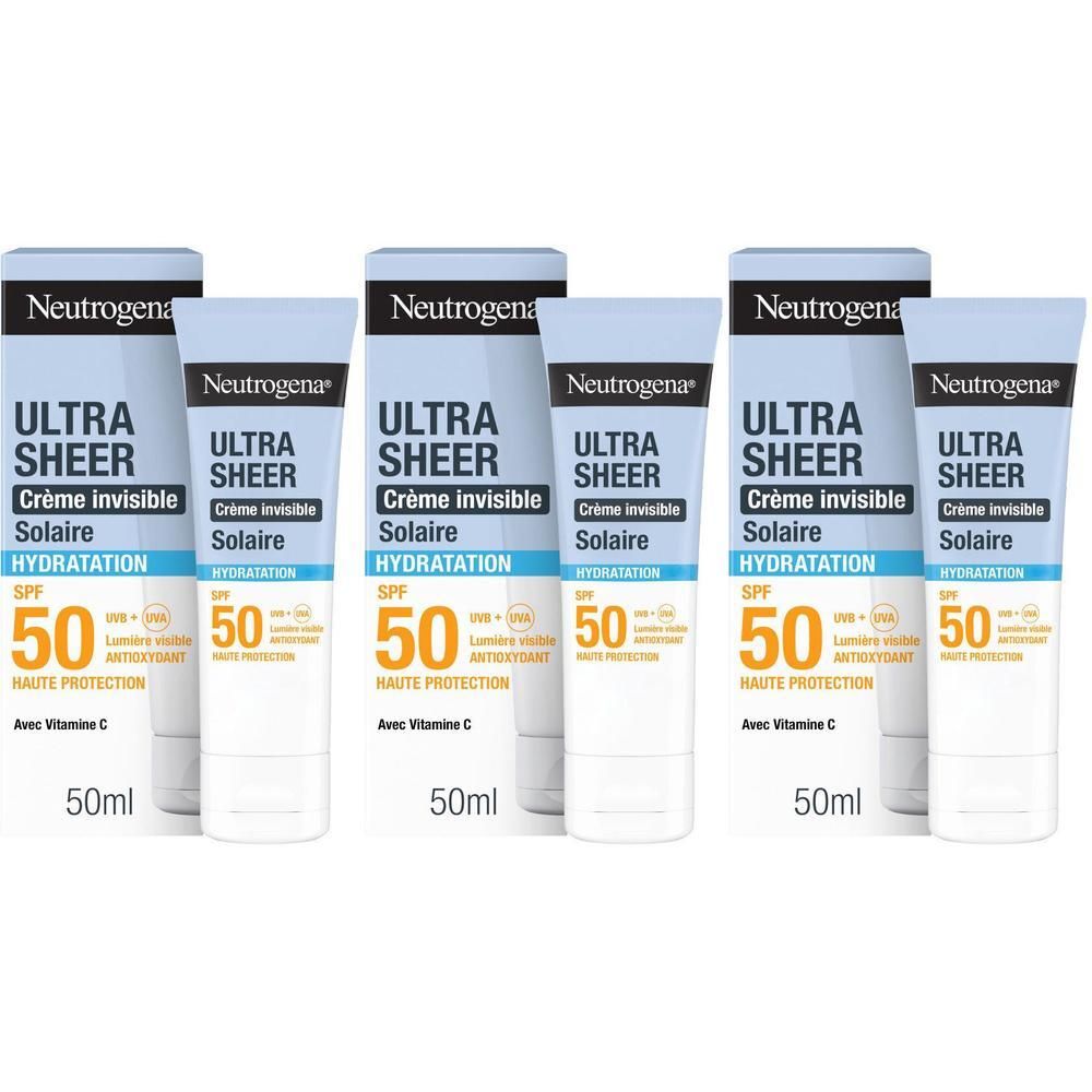 Trois tubes de crème solaire. Tubes blancs avec bouchon bleu. Inscription: Ultra Sheer, SPF 50, 50ml.