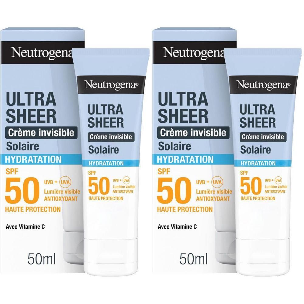 Plusieurs tubes de crème solaire. Tube bleu à bouchon blanc. Texte: Ultra Sheer, SPF 50, 50ml. Emballage.