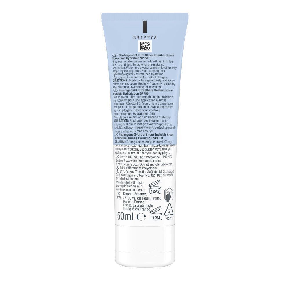 Dos du tube. Texte: Neutrogena Ultra Sheer Invisible Cream, crème solaire Hydratation SPF50. 50ml. Fabriqué en France.
