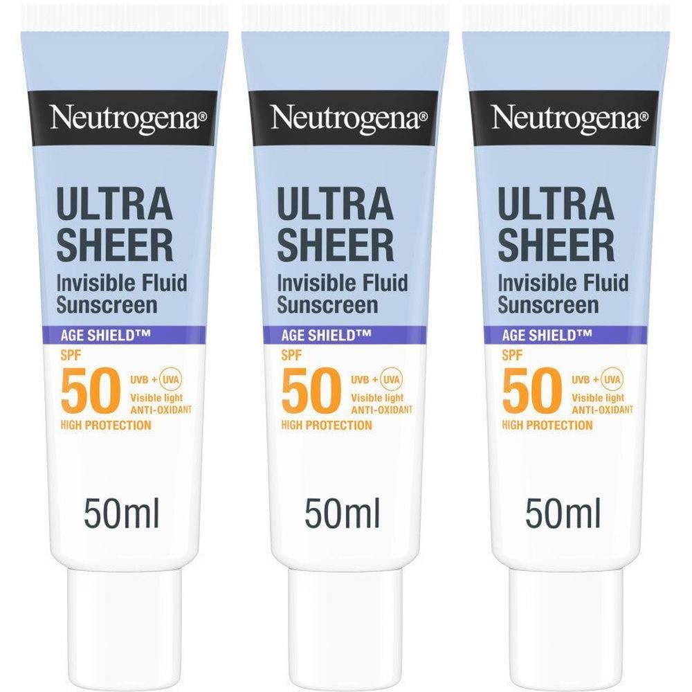Trois tubes de crème solaire. Chaque tube porte l'inscription : Neutrogena, Ultra Sheer, Invisible Fluid Sunscreen, SPF 50, 50ml.
