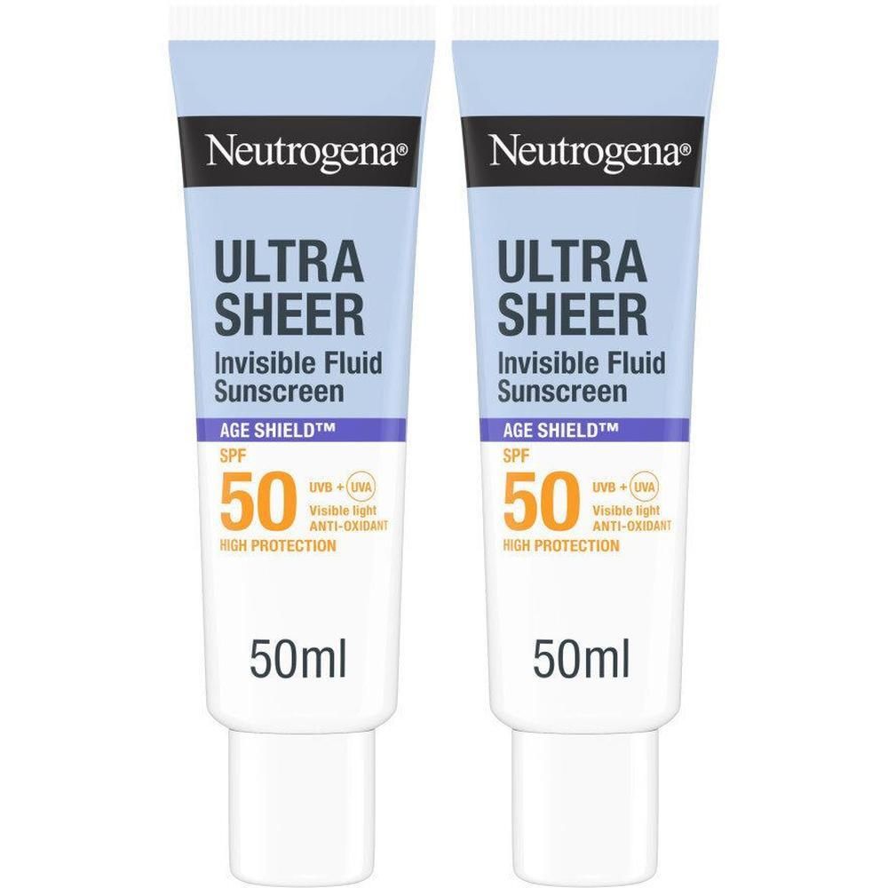 Deux tubes de crème solaire Neutrogena Ultra Sheer Invisible Fluid SPF 50. Fond blanc, texte bleu et orange.