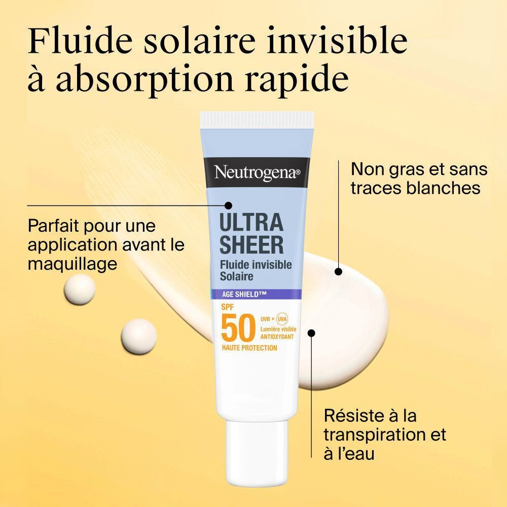 Tube et gouttes de crème solaire. Texte : "Fluide solaire invisible à absorption rapide".