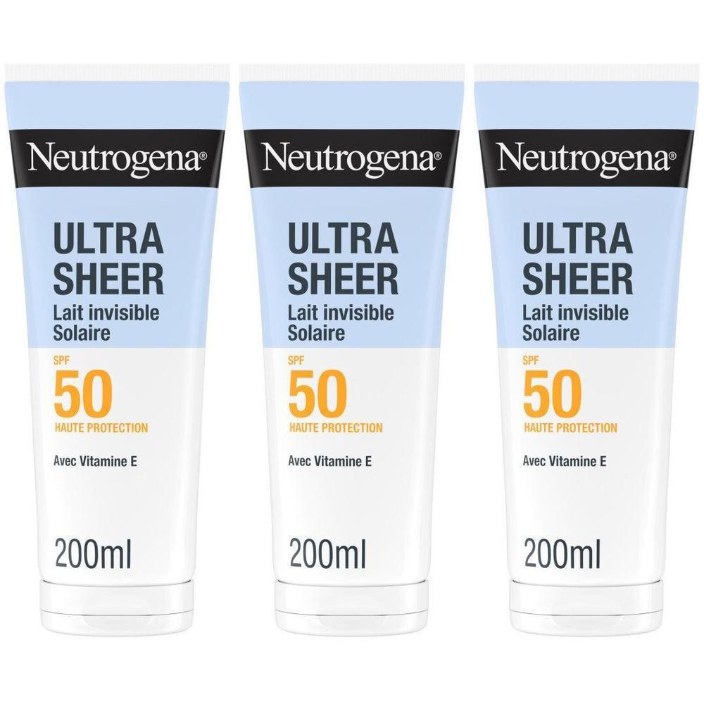 Trois tubes de crème solaire. Marque Neutrogena, Ultra Sheer, Lait invisible solaire SPF50. Emballage bleu et blanc.