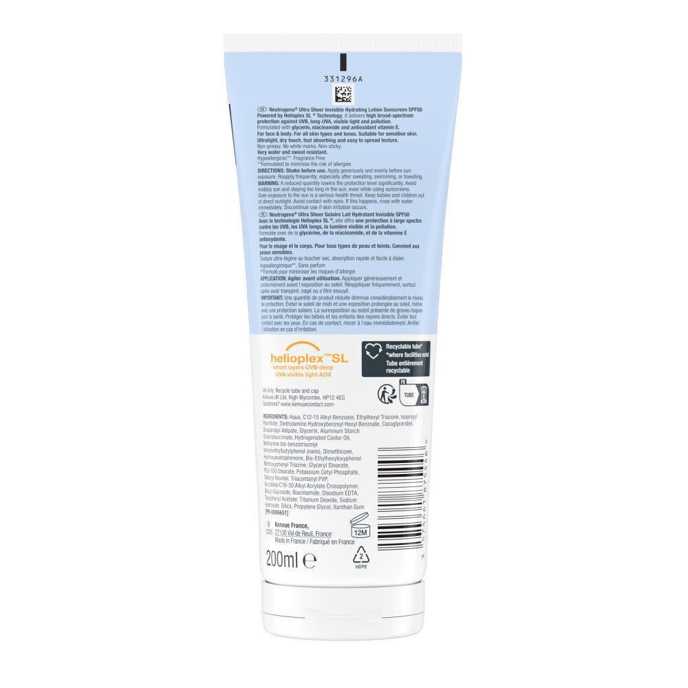 Dos d'un tube de crème solaire. Contient des informations sur les ingrédients et la marque Neutrogena.