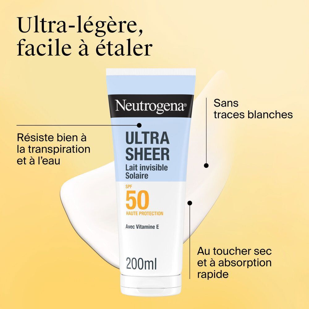 Tube de crème solaire. Marque Neutrogena, Ultra Sheer, Lait invisible solaire SPF50. Texte : Ultra-léger, facile à étaler.